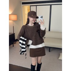 实拍  设计感小众假两件撞色拼接毛衣女韩系宽松外穿针织衫上衣