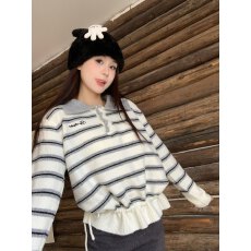 实拍 设计感polo领可调节抽绳条纹针织毛衣女2025冬刺绣印花上衣