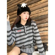 实拍 设计感polo领可调节抽绳条纹针织毛衣女2025冬刺绣印花上衣