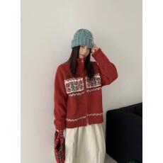 批发实拍费尔岛提花双拉链开衫毛衣女秋冬加厚高领针织开衫松弛感外套