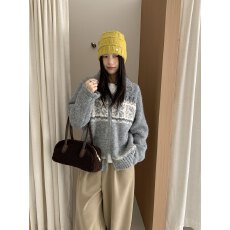 批发实拍费尔岛提花双拉链开衫毛衣女秋冬加厚高领针织开衫松弛感外套