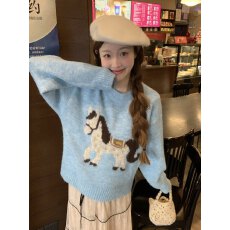 实拍 马年必买 卡通马上有钱花红色圆领宽松毛衣女秋冬小马针织衫