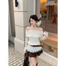 实拍2026秋冬韩系穿搭套装女一字肩针织衫上衣+腰带+半身裙三件套