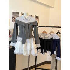 批发实拍  韩系拼接长袖T恤女秋<b class='q'>冬</b>新款设计感小众撞色修身假两件上衣