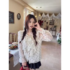 批发实拍法式气质荷叶边<b class='q'>波点</b>爱心泡泡袖<b class='q'>衬衫</b>女秋夏防晒宽松蝴蝶结上衣