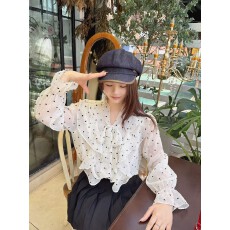 批发实拍法式气质荷叶边<b class='q'>波点</b>爱心泡泡袖<b class='q'>衬衫</b>女秋夏防晒宽松蝴蝶结上衣