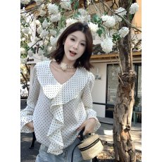 批发实拍  高级感气质<b class='q'>波点</b>长袖花朵别致<b class='q'>雪纺</b><b class='q'>上衣</b>小衫荷叶边防晒<b class='q'>衬衫</b>
