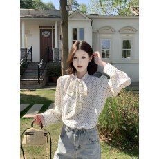 批发实拍 <b class='q'>韩版</b>气质温柔风波点绑带蝴蝶结设计感宽松洋气减龄百搭衬衫