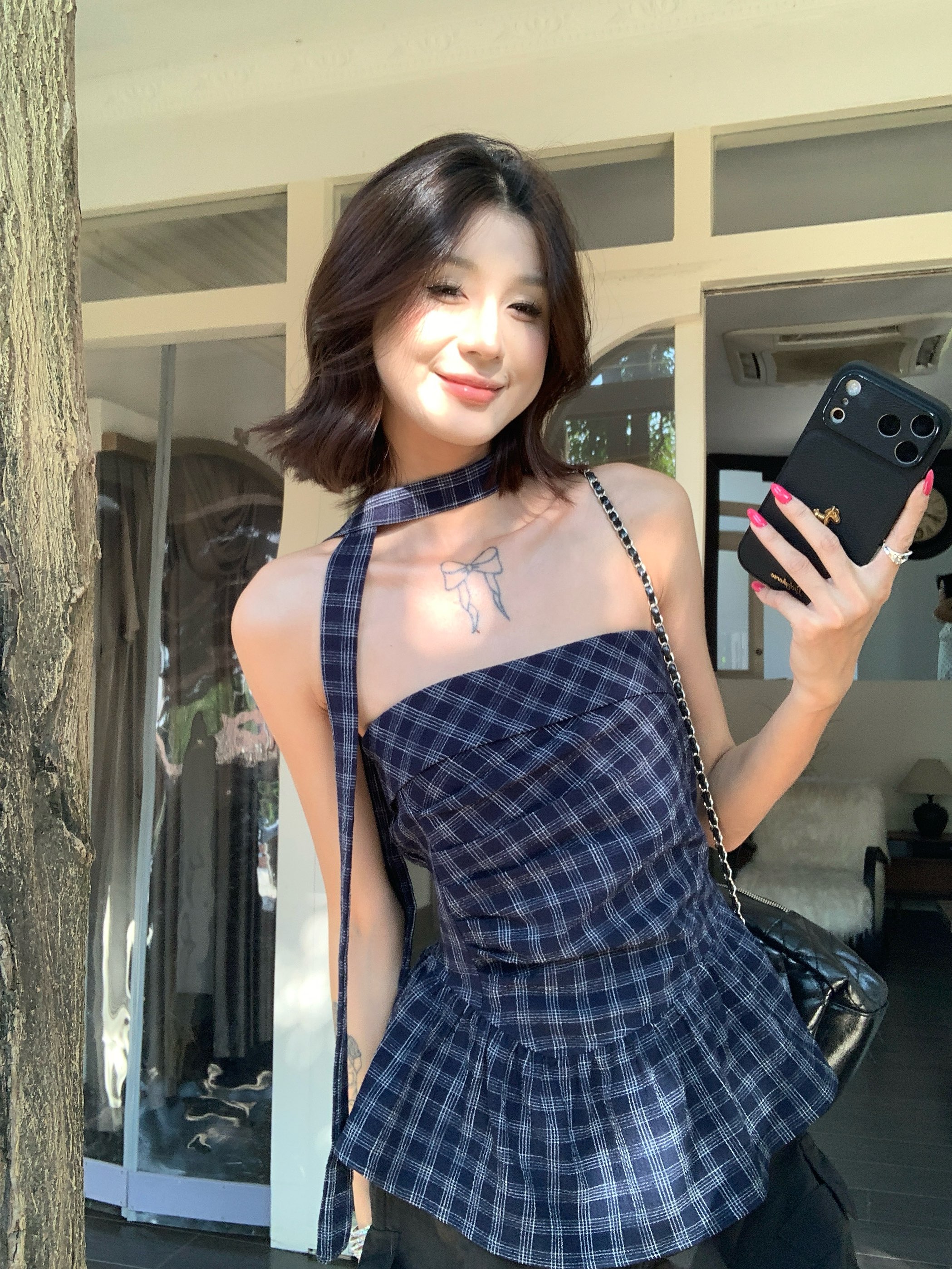 실사 아메리칸 체크무늬 튜브탑 리본 조끼 여성 여름 2026 새로운 핫걸 포장 가슴 순수한 욕망 어깨끈 없음 맨위