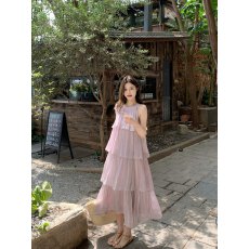 批发实拍  法式蝴蝶结系带挂脖<b class='q'>连衣裙</b>女2026荷叶边层层垂感大摆蛋糕裙