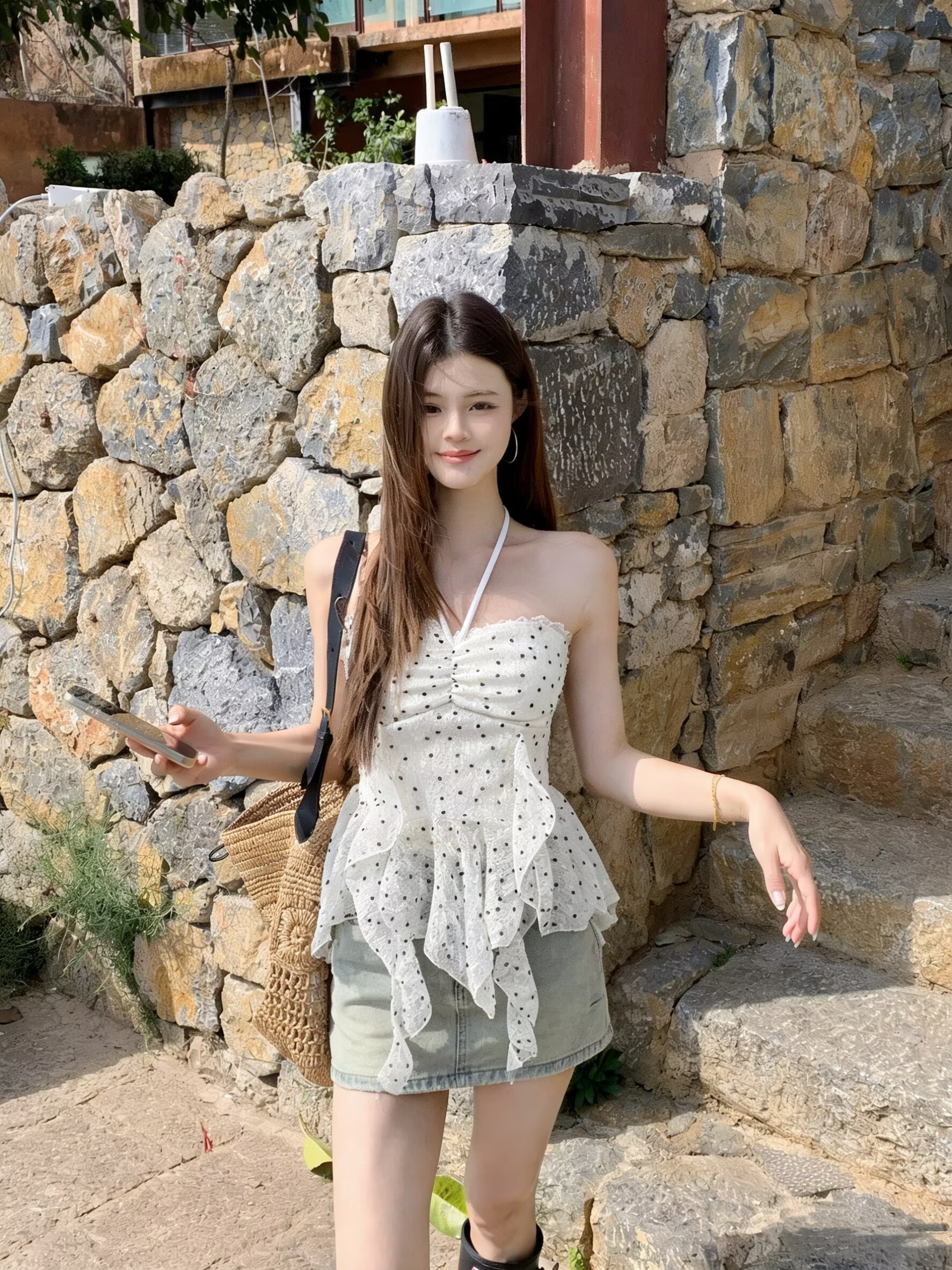 실사 휴가 바람 도트 무늬 행침 목 튜브탑 조끼 여성 여름 불규칙 몸매 가꾸기 슬림해 보이는 핫걸 외출용 쇼트 스타일 맨위