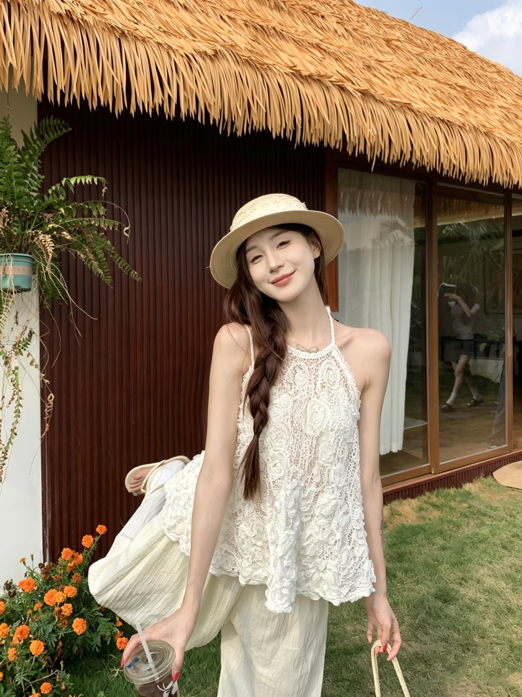실사 한 부서 순수한 욕망 분위기 센스 홀로우 아웃 레이스 자수 행침 목 조끼 작은 셔츠 민소매 맨위 여름