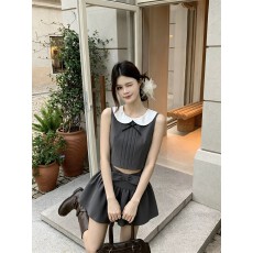 批发<b class='q'>实拍</b>  韩女天菜蝴蝶结娃娃领无袖上衣/褶皱短裙学院风套装女