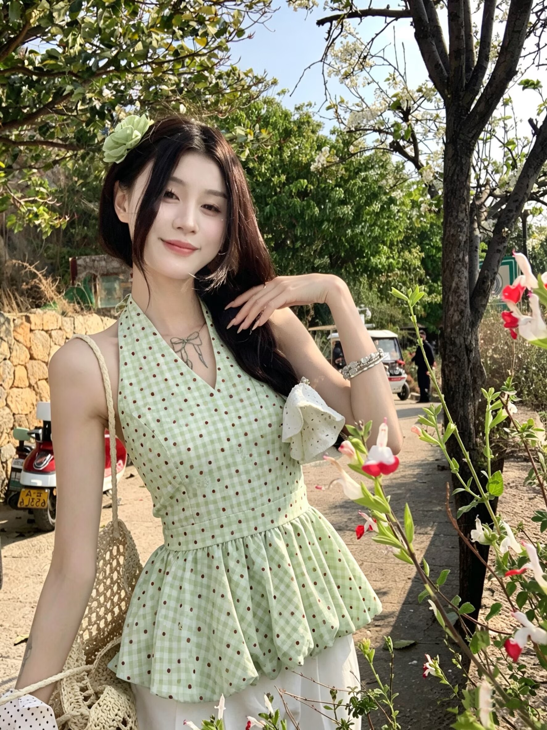 실사 핫걸 행침 목 캐미솔 여름 달콤함 연령 감소 품격 프릴 꽃밭 도트 무늬 맨위