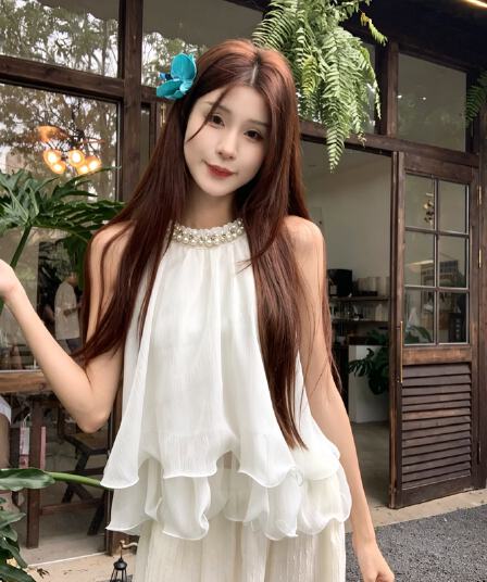 실사 명문 여성 천 골드 무거운 작업 다이아몬드 세팅 민소매 쉬폰 여성 셔츠 여름 새로운 루즈핏 슬림해 보이는 작은 셔츠 트렌디