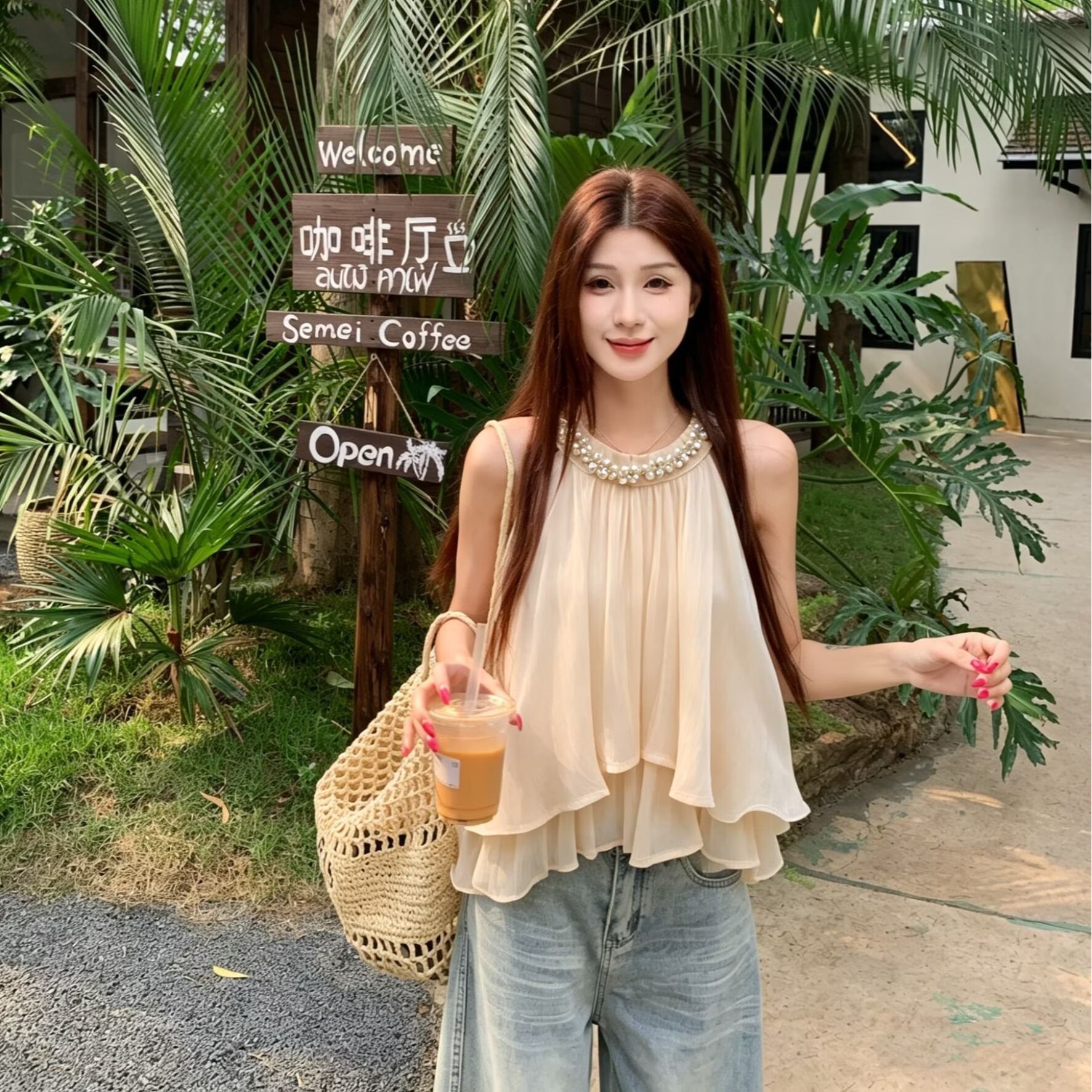 실사 명문 여성 천 골드 무거운 작업 다이아몬드 세팅 민소매 쉬폰 여성 셔츠 여름 새로운 루즈핏 슬림해 보이는 작은 셔츠 트렌디
