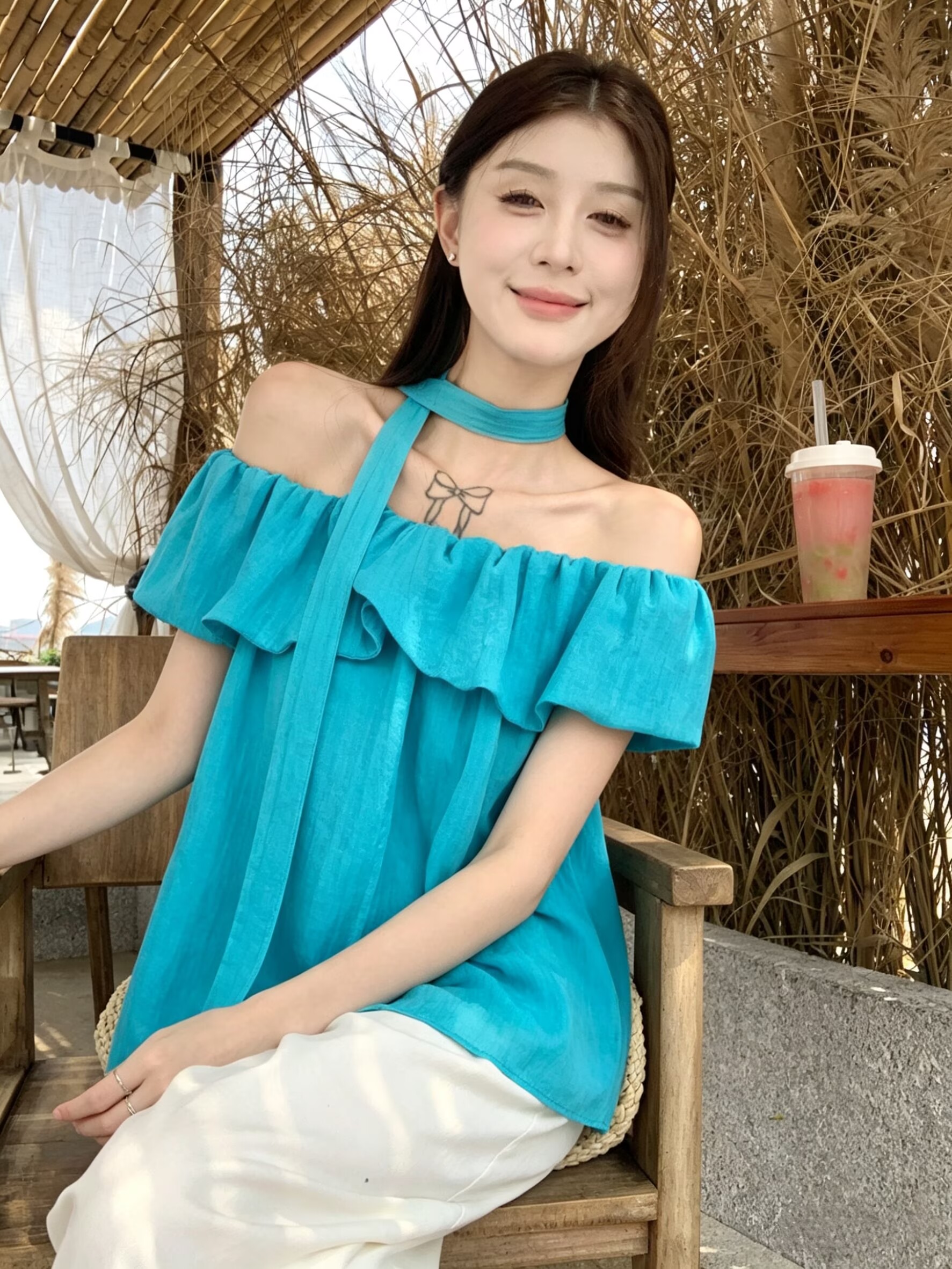 실사 2026 여름 프랑스식 한국 스타일 루즈핏 오프숄더 프릴 허리 수축 슬림해 보이는 캐주얼 셔츠 맨위 여성