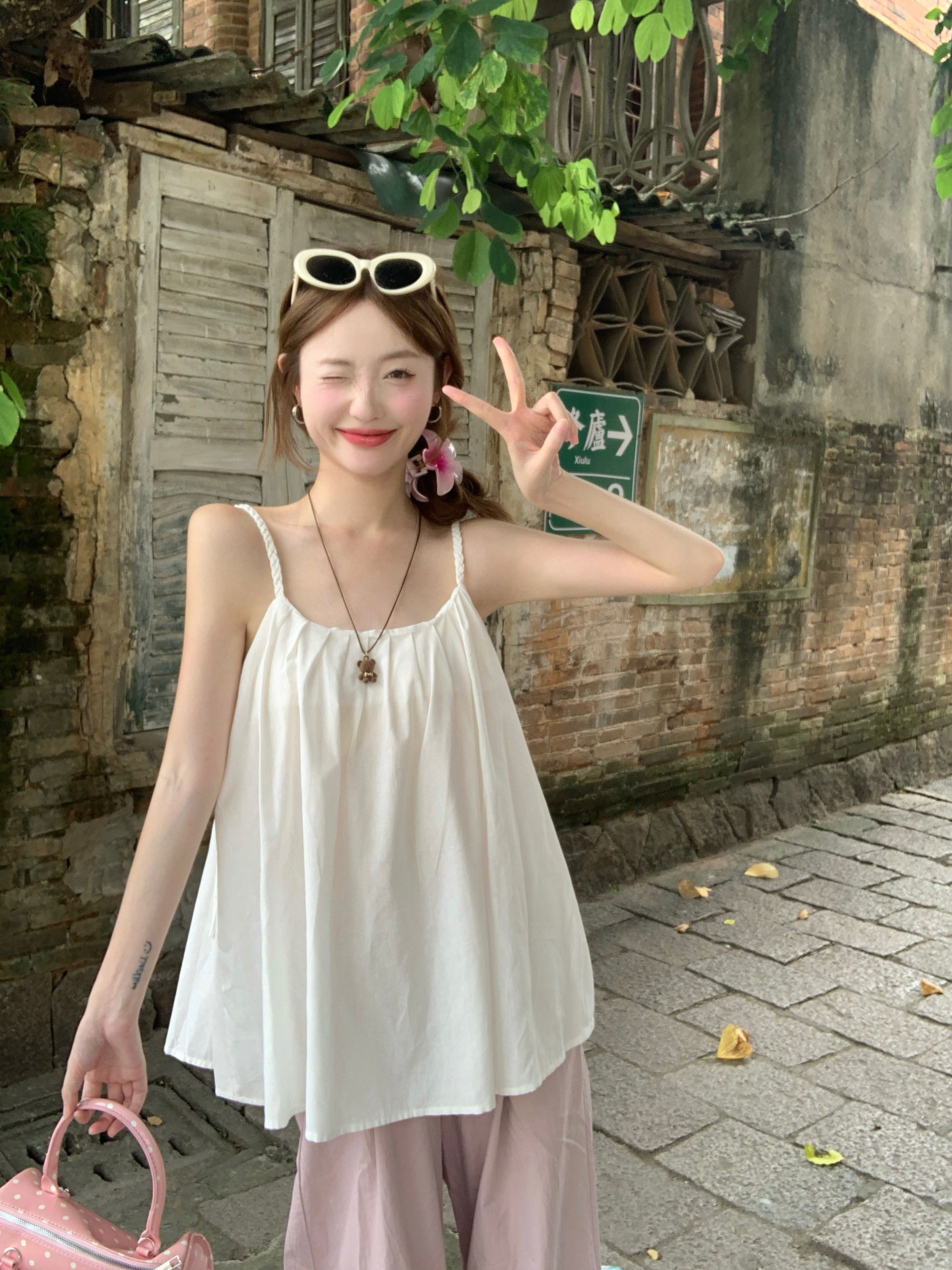 실사 한 부서 라미 꽈배기 캐미솔 여름 새로운 디자인 센스 품격 루즈핏 Chic 민소매 맨위