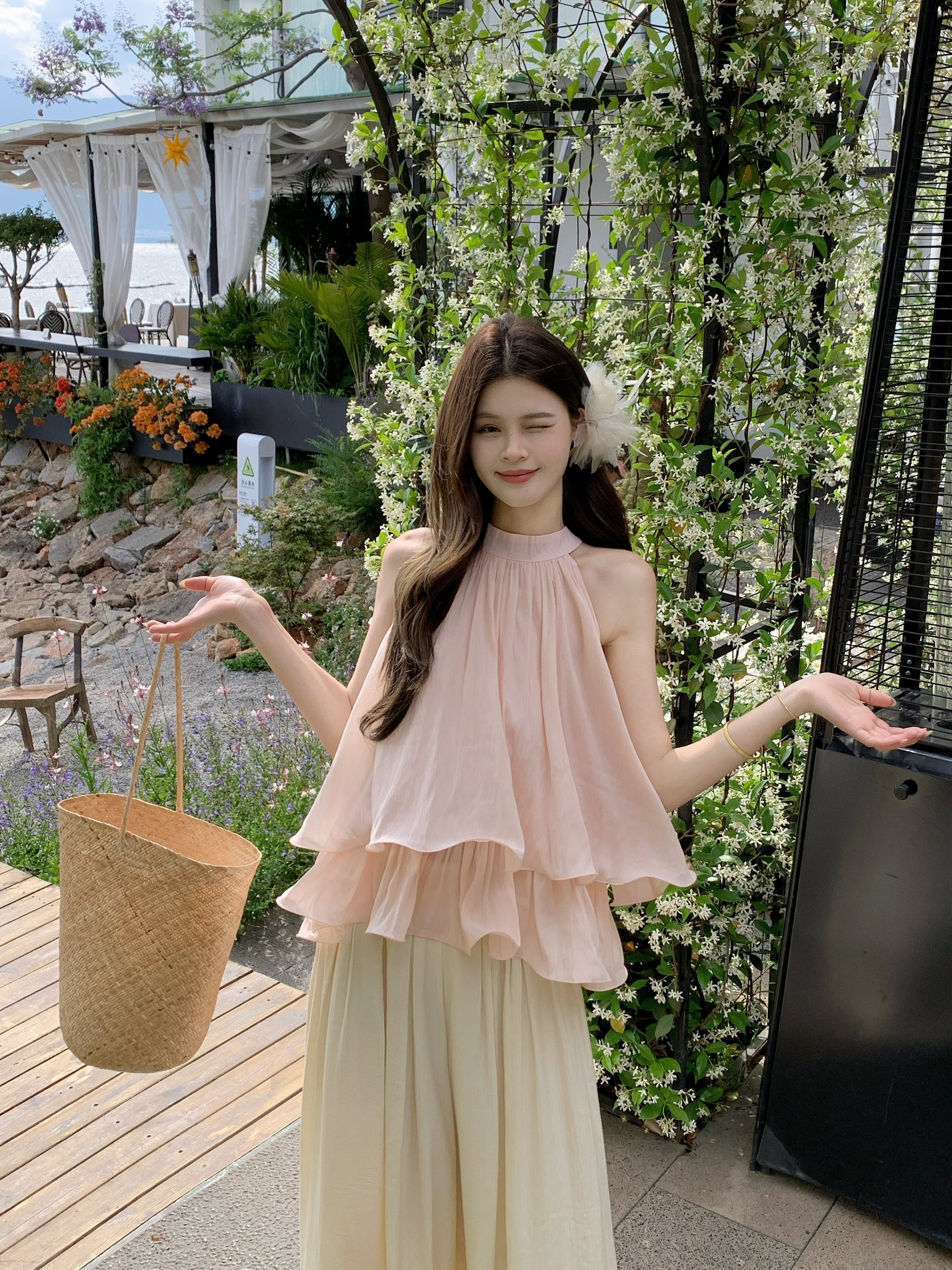 실사 품격 명문 여성 계층의 감각 프릴 조끼 여성 셔츠 여름 루즈핏 슬림해 보이는 민소매 오프숄더 맨위