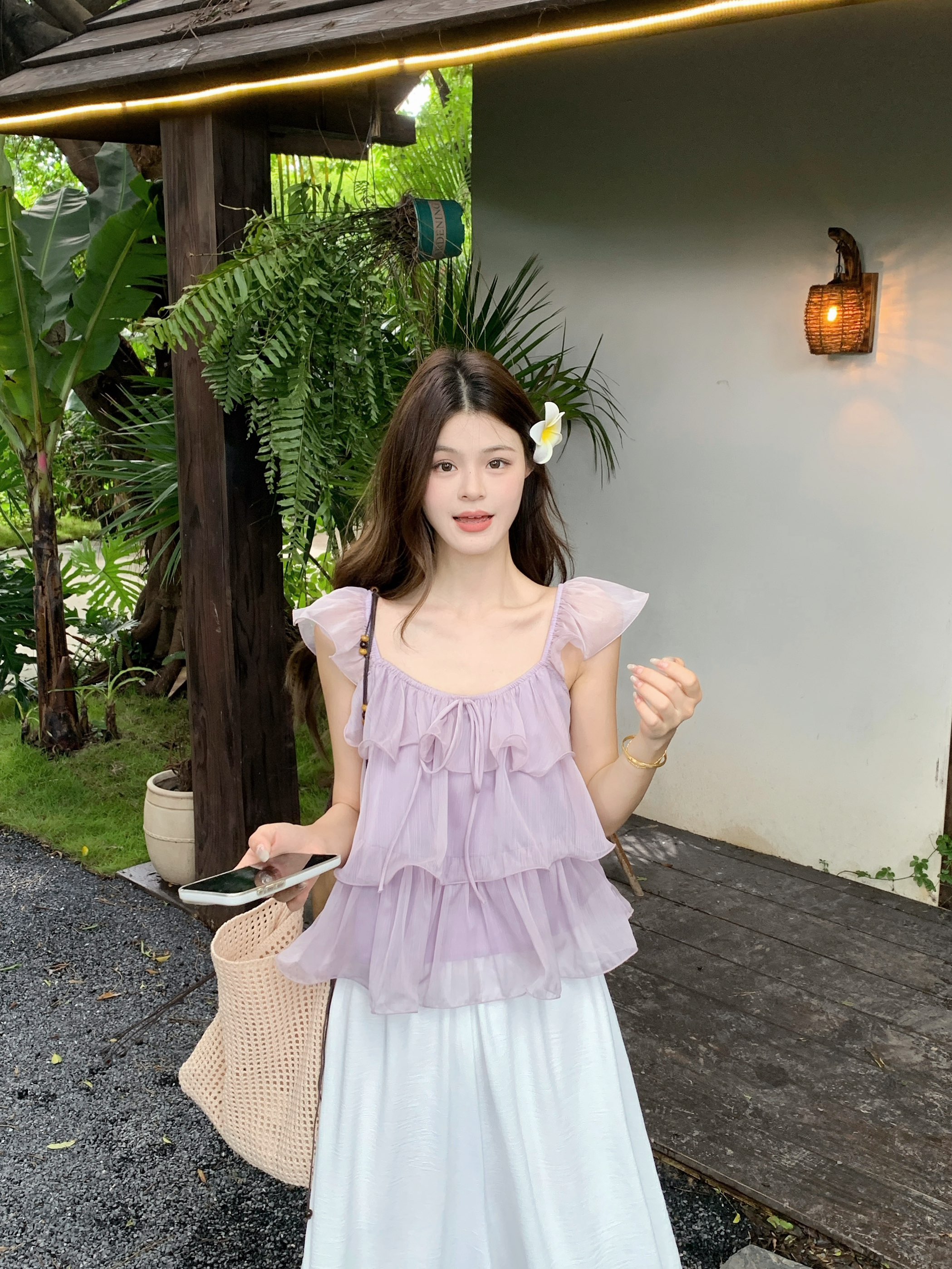 실사 분위기 센스 낭만주의 우아한 층 프릴 작은 셔츠 여성 다용도 루즈핏 와이드 레그 팬츠 세트