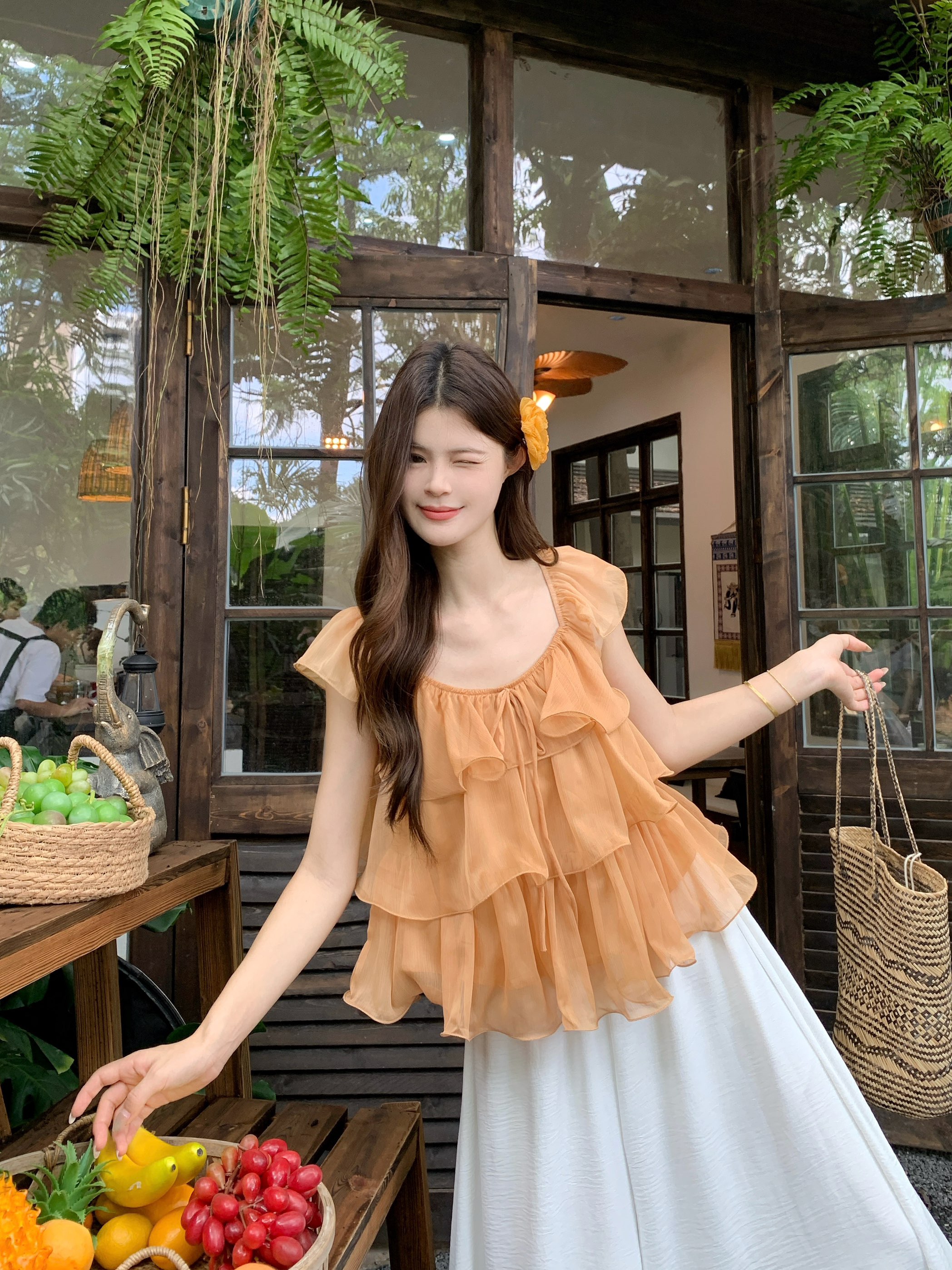 실사 분위기 센스 낭만주의 우아한 층 프릴 작은 셔츠 여성 다용도 루즈핏 와이드 레그 팬츠 세트