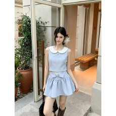 批发<b class='q'>实拍</b> 凡凡来咯韩女天菜蝴蝶结娃娃领无袖上衣/褶皱短裙套装女