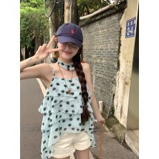批发实拍  度假风波点荷叶边吊带<b class='q'>背心女</b>不规则<b class='q'>雪纺</b>无袖上衣夏季+飘带