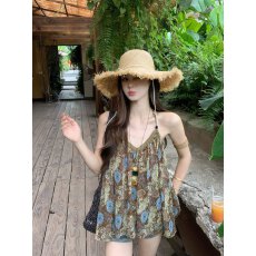 批发实拍 2026年夏新款上衣度假风波西米亚印花挂脖串珠<b class='q'>吊带</b>露背背心