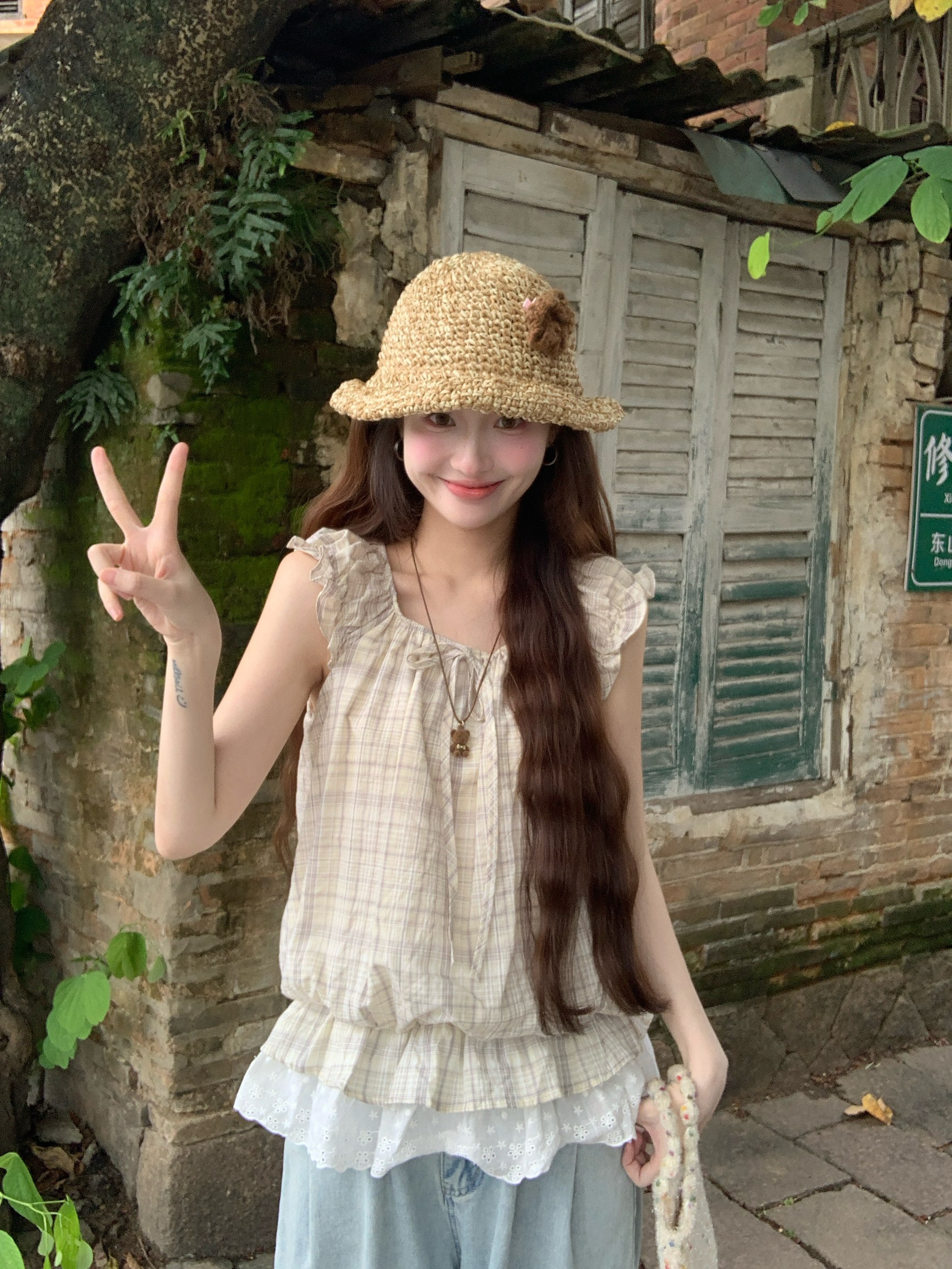 실사 달콤함 체크무늬 레이스 조각 반팔 셔츠 여성 의류 여름 Chic 슬림해 보이는 셔츠 연령 감소 맨위