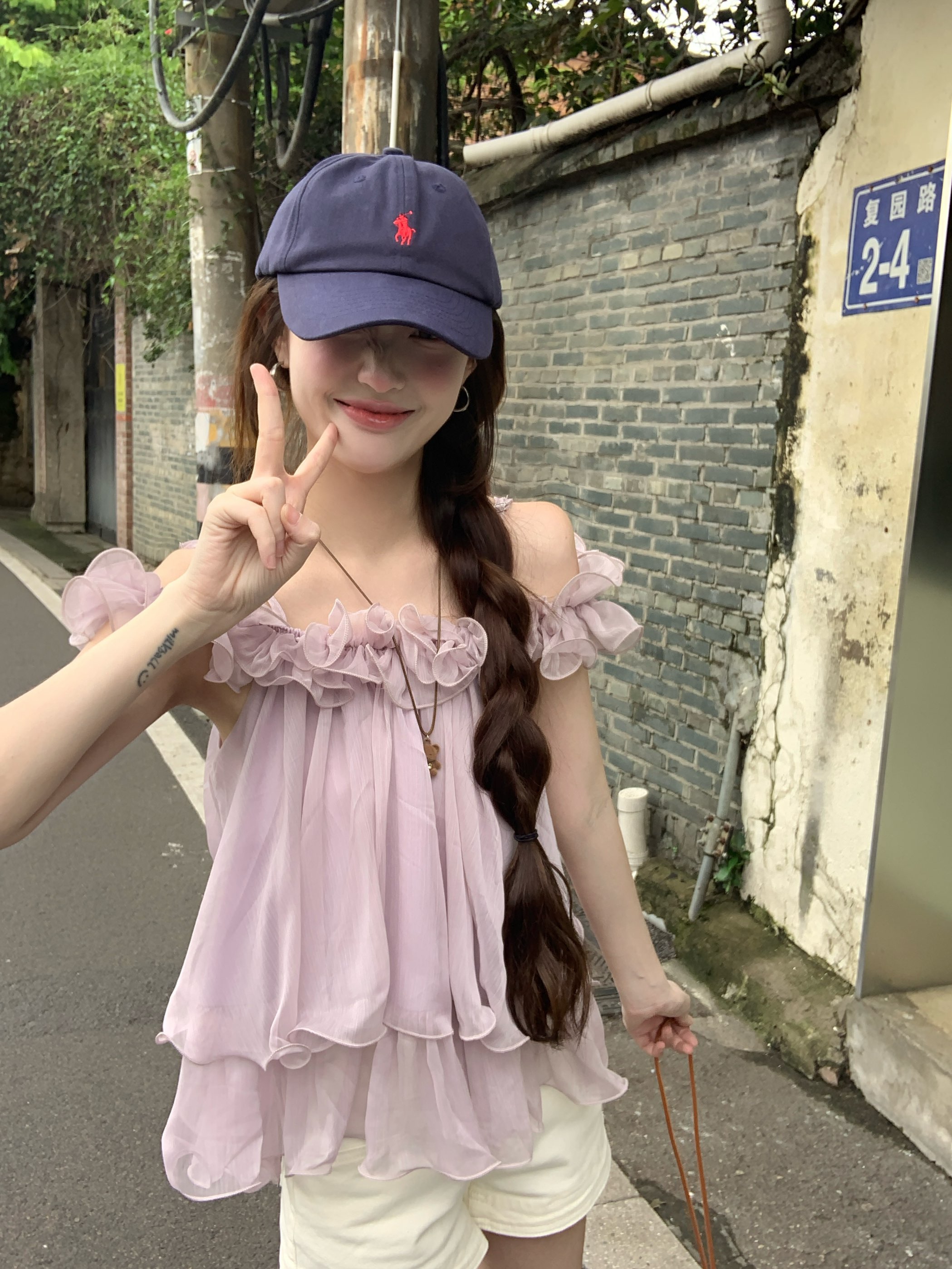 실사 부드러운 바람 레이스 슬립 오프숄더 쉬폰 작은 셔츠 여름 새로운 달콤함 연령 감소 맨위
