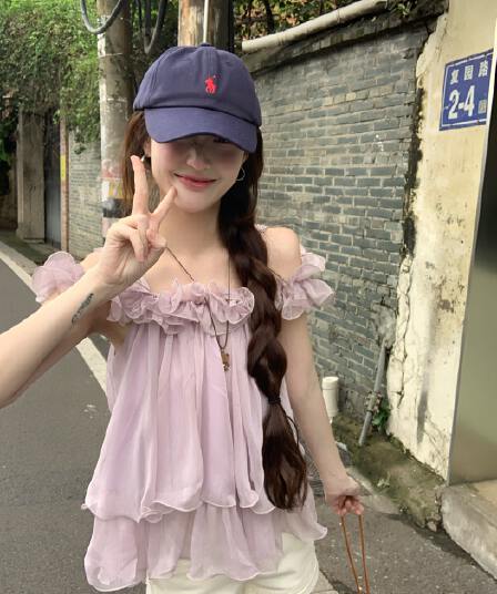 실사 부드러운 바람 레이스 슬립 오프숄더 쉬폰 작은 셔츠 여름 새로운 달콤함 연령 감소 맨위