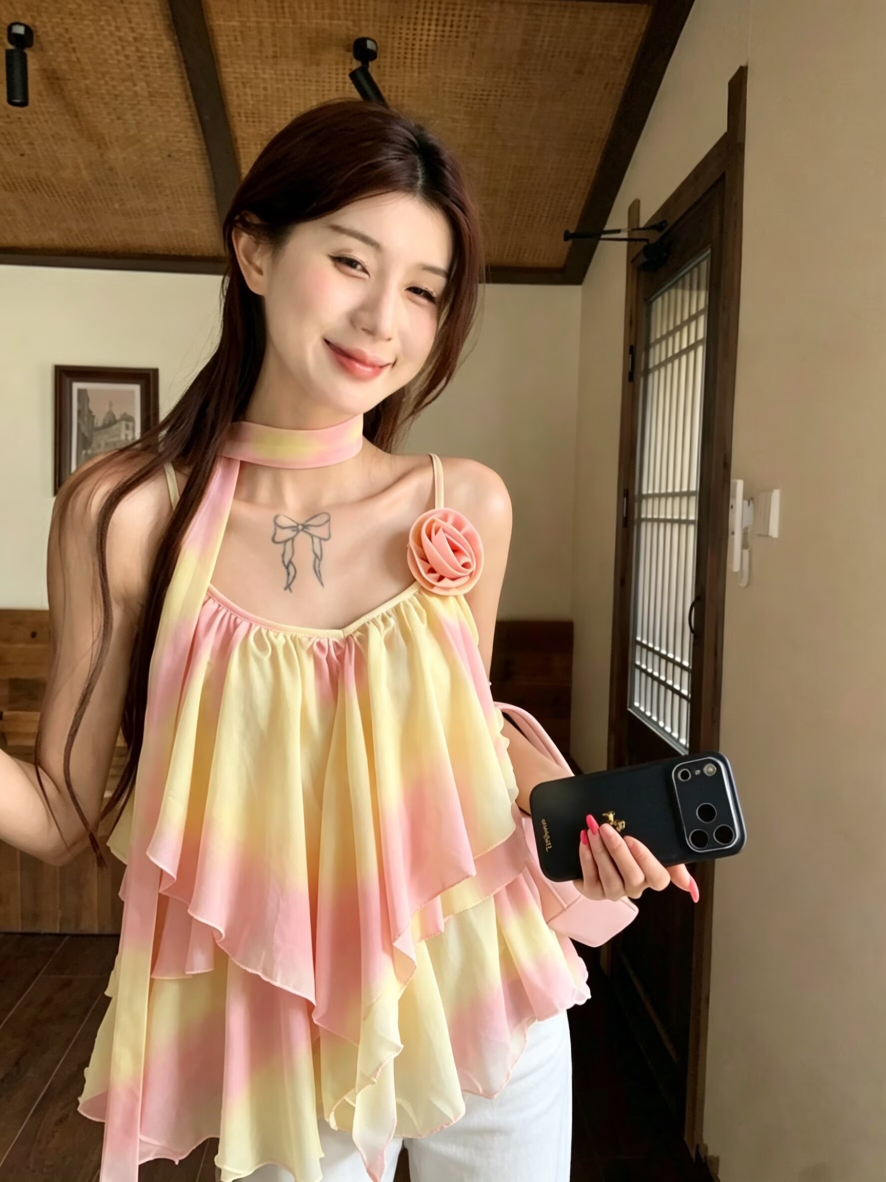 실사 주황색 일몰 그라데이션 색상 시폰 셔츠 여성 여름 작은 대중 디자인 센스 루즈핏 슬림해 보이는 슬립 맨위