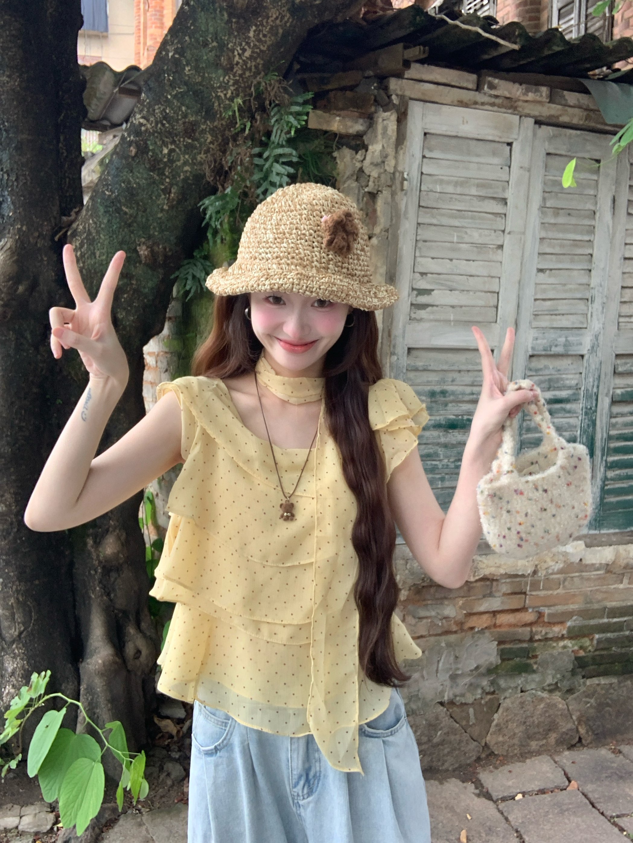 실사 여름 새로운 프랑스식 달콤함 프릴 도트 무늬 여성 셔츠 슈퍼 요정 바람 부드러운 인형 작은 셔츠 여성