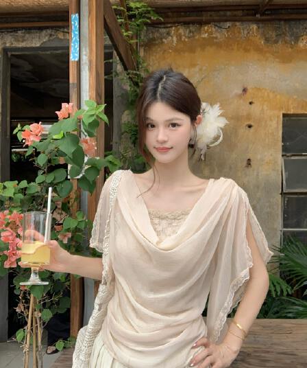실사 프랑스식 품격 흔들다 칼라 마이크로 ~을 통해 자외선 차단 블라우스 여성 여름 인사이드 가져 가라. 레이스 레이스 캐미솔 투피스 세트