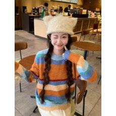 批发实拍  韩系多巴胺条纹毛衣女秋冬新款小个子内搭针织衫上衣冬季