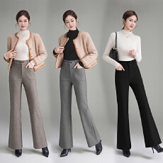 批发秋冬2025加厚高级感羊毛呢垂感直筒微喇裤灰色呢子裤妈妈长裤子