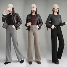 批发羊绒毛呢裤女2025新款秋冬季高腰宽松百搭气质时尚窄版直筒阔腿裤