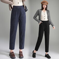 批发藏青色<b class='q'>格子</b><b class='q'>裤</b>女2025秋季高腰修身今年流行九分直筒休闲哈伦萝卜<b class='q'>裤</b>