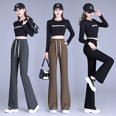 批发高腰微喇女春秋新款2025休闲阔腿直筒裤窄版抽绳拖地女长裤