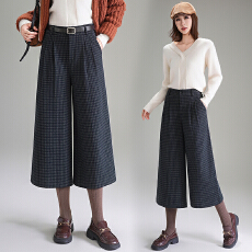 批发日韩系复古羊绒毛呢料小格纹<b class='q'>阔腿裤</b>女秋冬七分百搭直筒休闲<b class='q'>裤</b>子