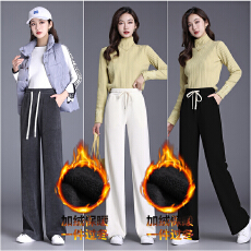 批发加绒加厚简约韩版阔腿裤2025秋冬高腰显瘦宽松型纯色直筒裤长裤