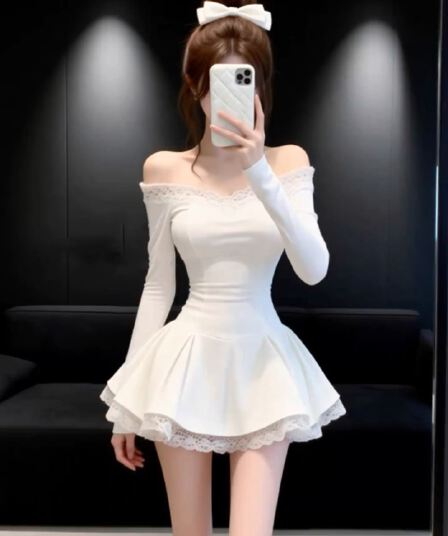 로얄 자매 천 금빛 바람 미니 스커트 화이트 오프숄더 오프숄더 레이스 긴팔 허리 수축 여성 드레스 2026 봄 새로운