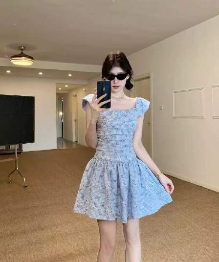 shareinin 빙하 블루 체크무늬 보라색 작은 꽃무늬 주름 보트넥 드레스