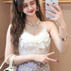 批发2025春夏新甜美气质立体花朵重工订珠流苏百搭蕾丝吊带打底背心女