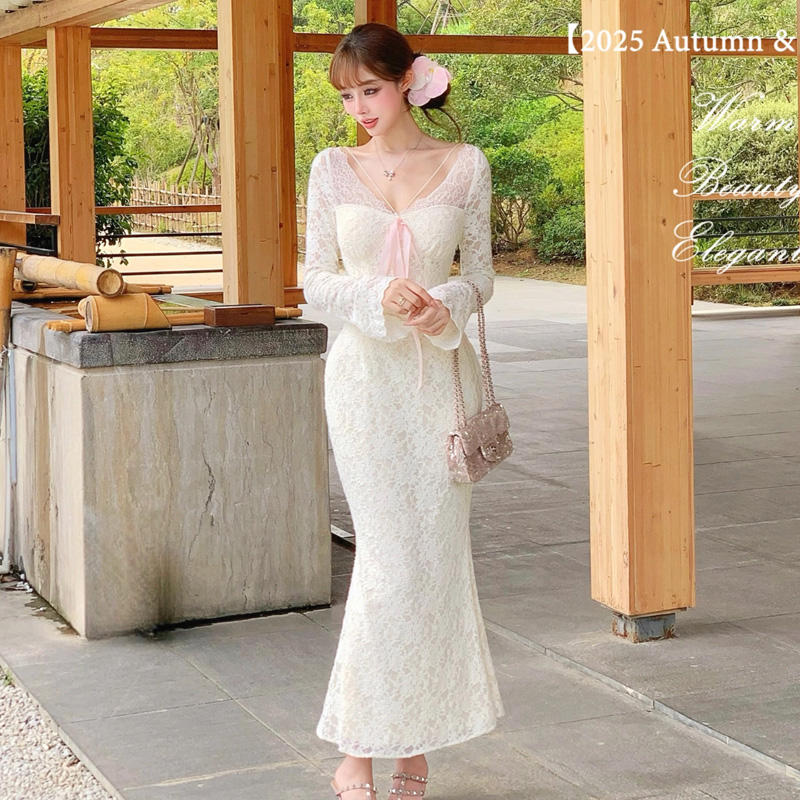 MY15475# 法式气质V领纯欲性感加绒蕾丝裙新修身包臀鱼尾连衣裙女裝貨...