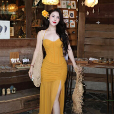 批发法式鱼骨滚边网纱开叉裹胸度假裙女<b class='q'>吊带</b>礼服裙绝美巨显身材<b class='q'>连衣裙</b>