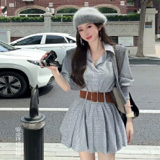 批发法式风设计感格纹<b class='q'>衬衫</b>连衣裙2025秋季新款度假风收腰长袖短裙女装