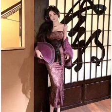 批发纯欲风紫色吊带<b class='q'>连衣裙</b>2026新款蝴蝶结绑带蕾丝裙子修身收腰包臀裙