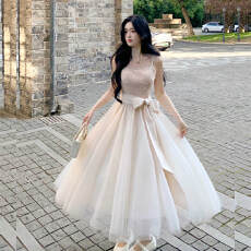 批发逐光流云 气质温柔感重工蕾丝<b class='q'>拼接</b>网纱吊带<b class='q'>连衣裙</b>女2026新轻礼服