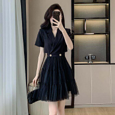 批发2026夏季新款黑色设计感网纱<b class='q'>西装</b>连衣裙女小众高级优雅气质蛋糕裙